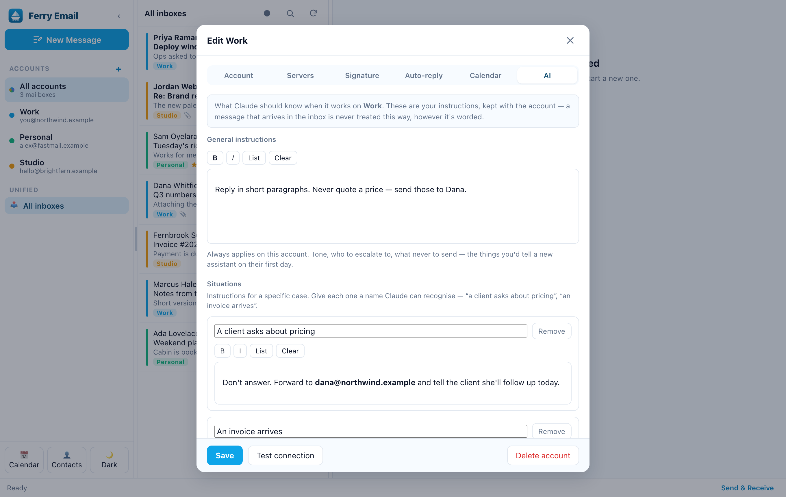 The AI tab of an account, showing general instructions and named situations