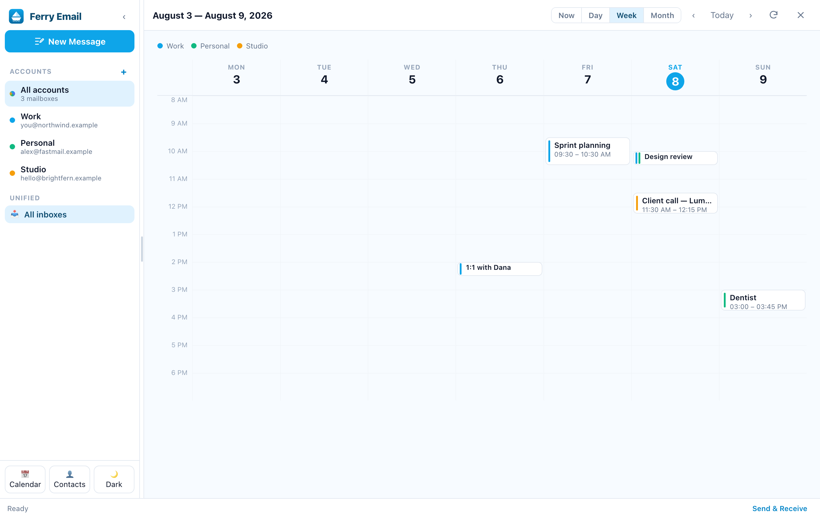Ferry Email’s week calendar with events from three accounts in one grid