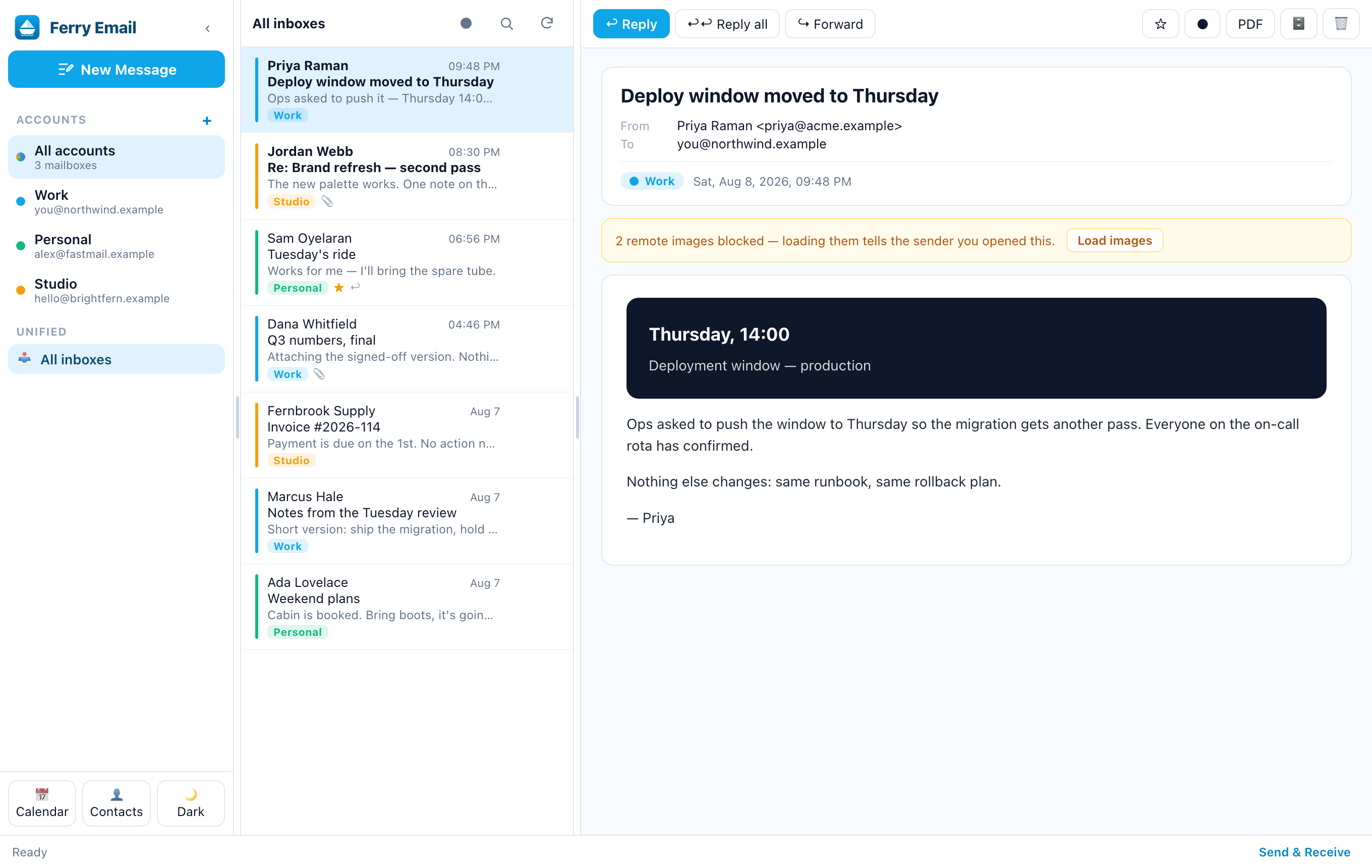 Ferry Email showing one inbox for three accounts, each tagged with its own colour, beside an open message